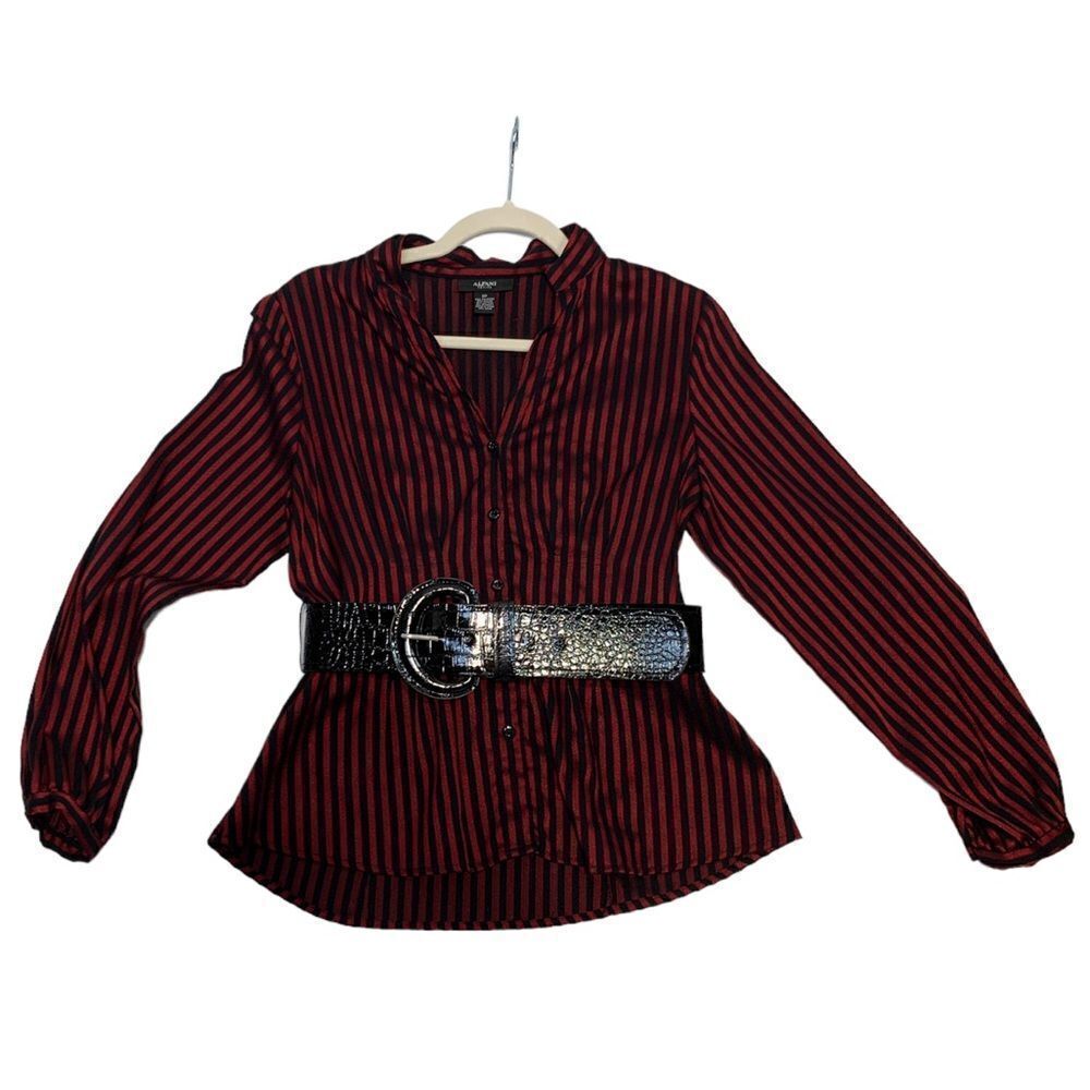 Alfani Red and  Black Striped Belted Blouse